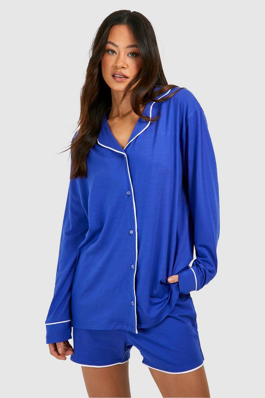 Pijama Tall de pantalón corto y tela jersey con ribete, Moroccan blue image number 1