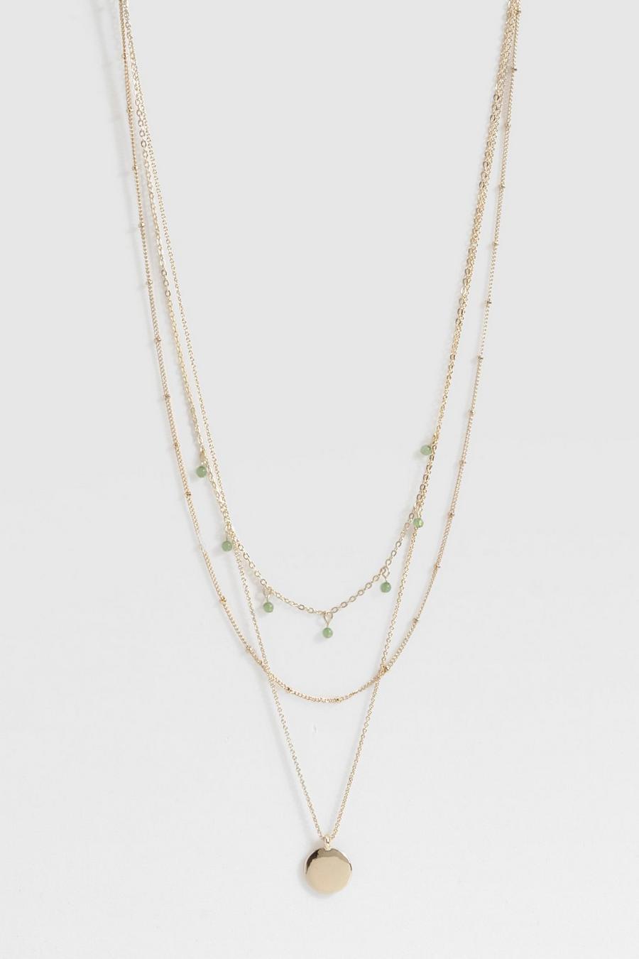 Gold Green Stone Multichain Necklace 