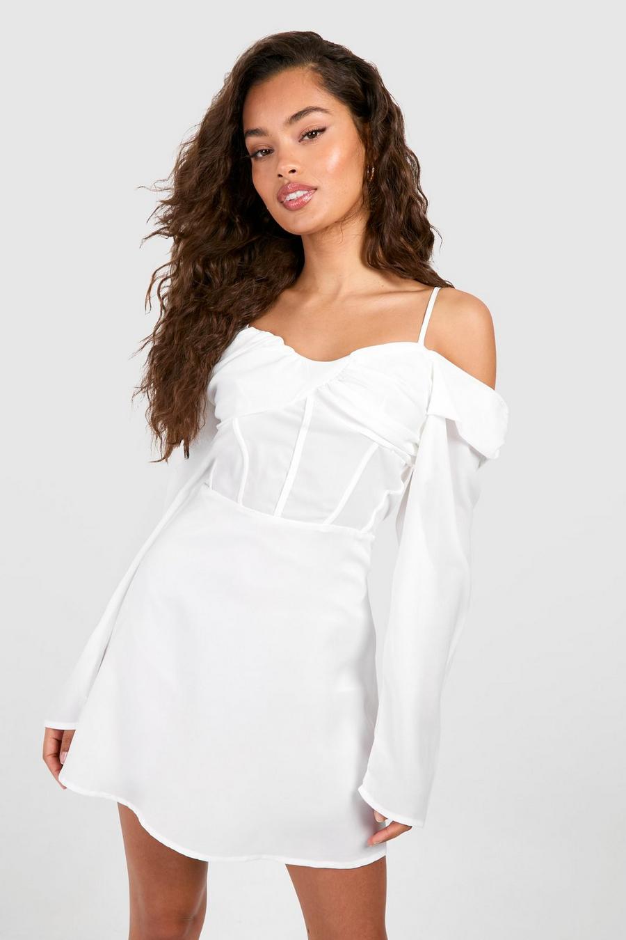 Miniabito in raso con dettagli stile corsetto, White image number 1