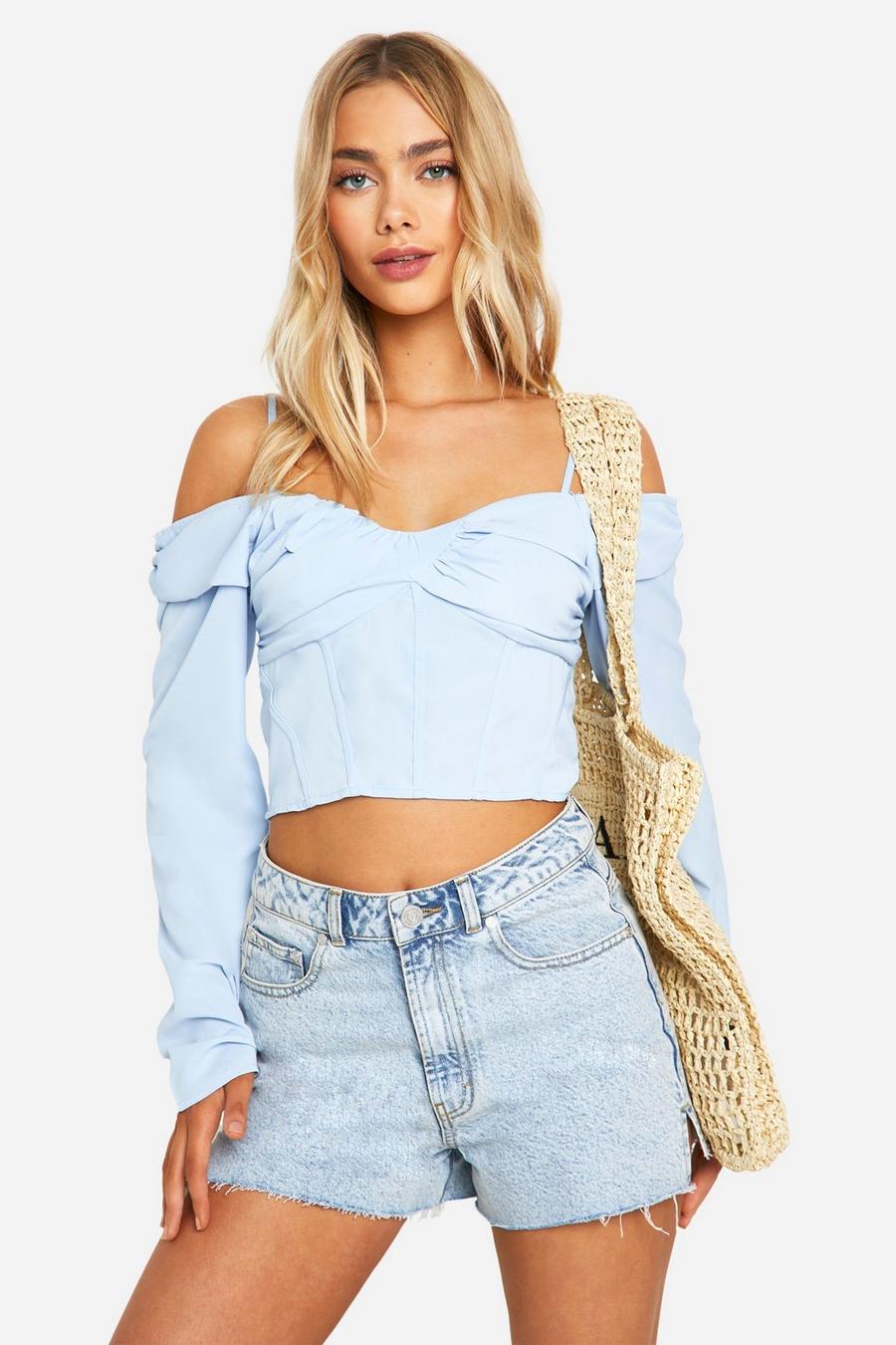 Top crop de raso estilo corsé, Baby blue