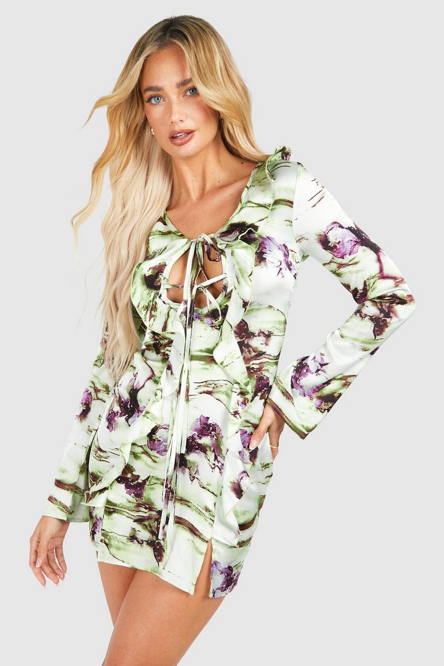 Green Marble Print Tie Front Ruffle Mini Dress image number 1