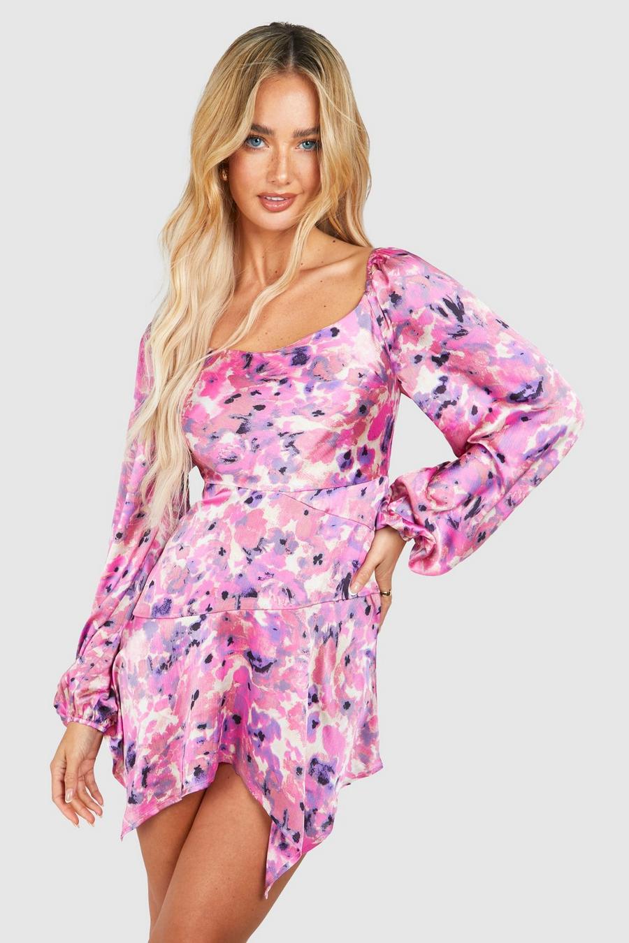 Pink Floral Puff Sleeve Mini Dress image number 1