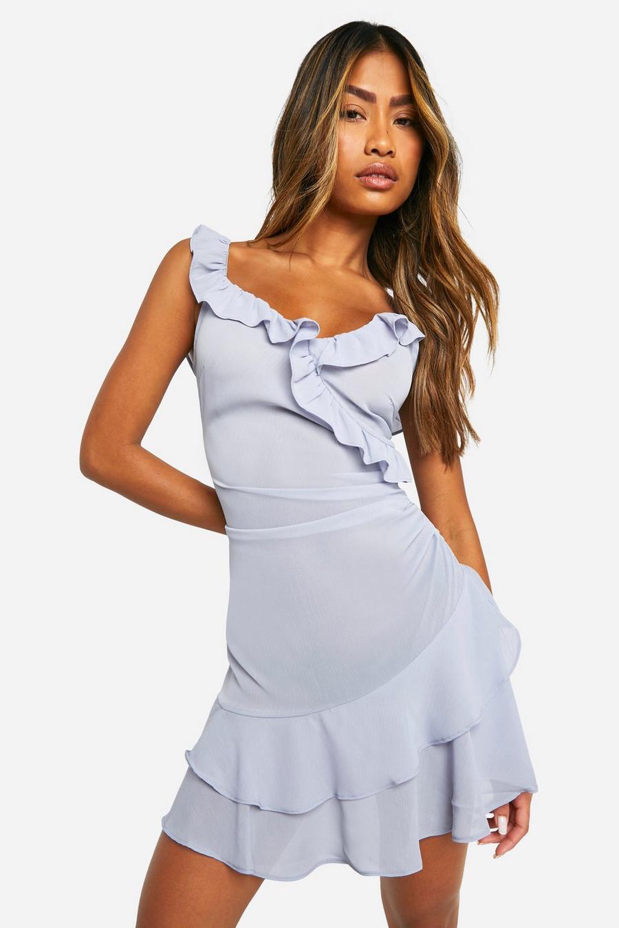 Baby blue V Neck Ruffle Mini Dress image number 1