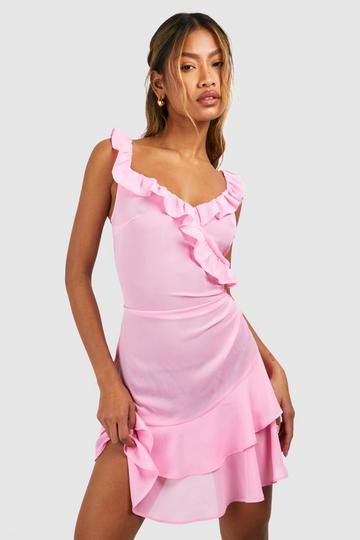 V Neck Ruffle Mini Dress baby pink