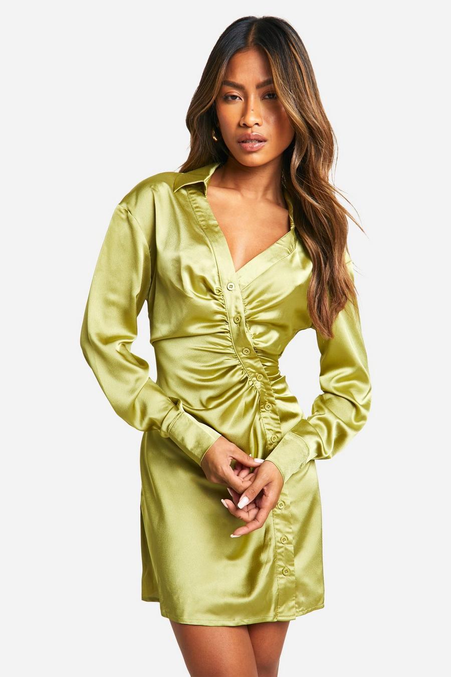 Hemd-Kleid mit Knopfleiste, Olive