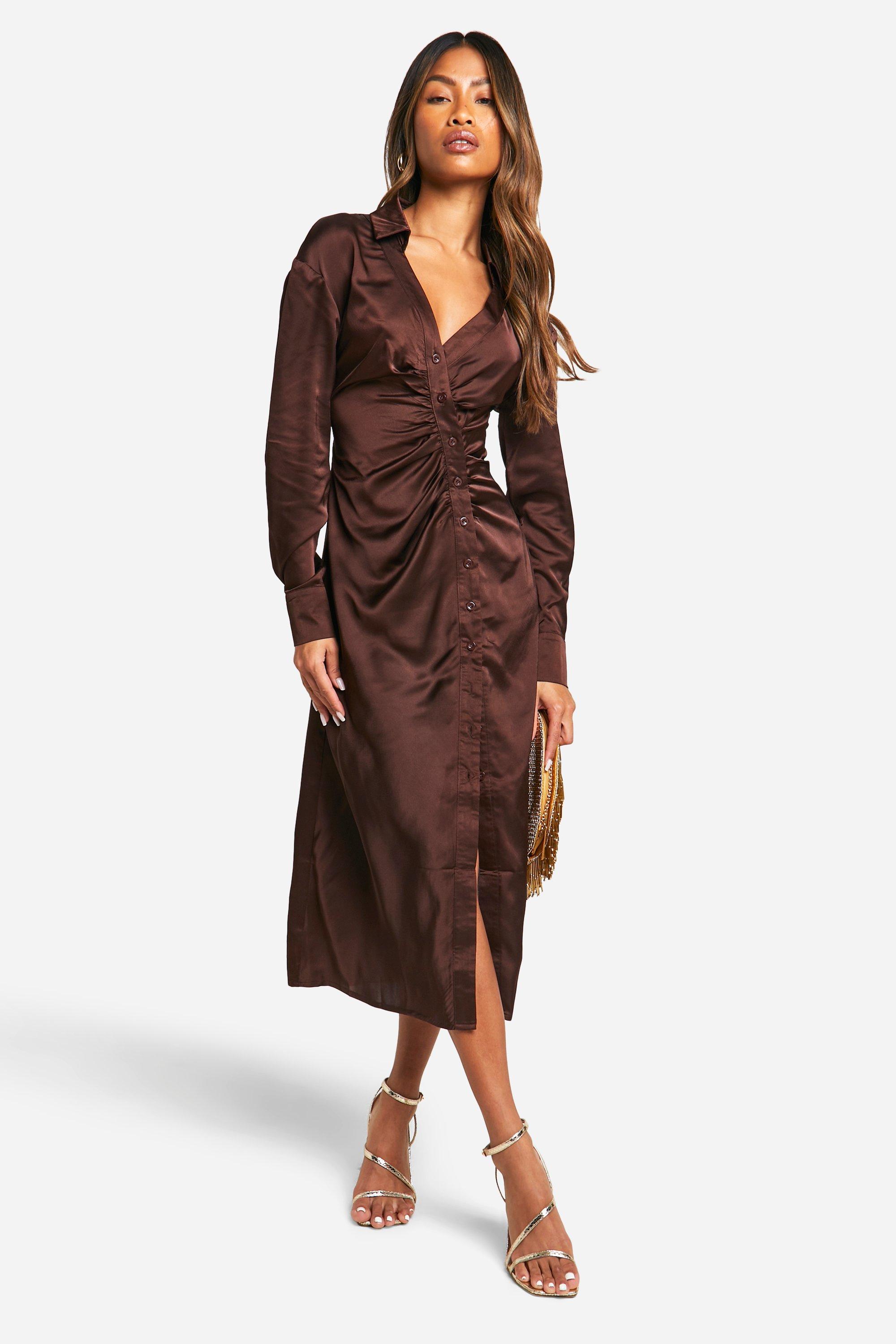 boohoo Women s Button Down Midi Shirt Dress Brown Casual Dresses