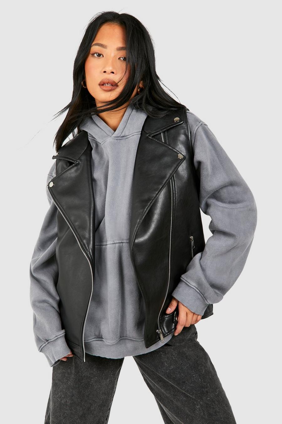 Black Petite Faux Leather Sleeveless Biker Jacket