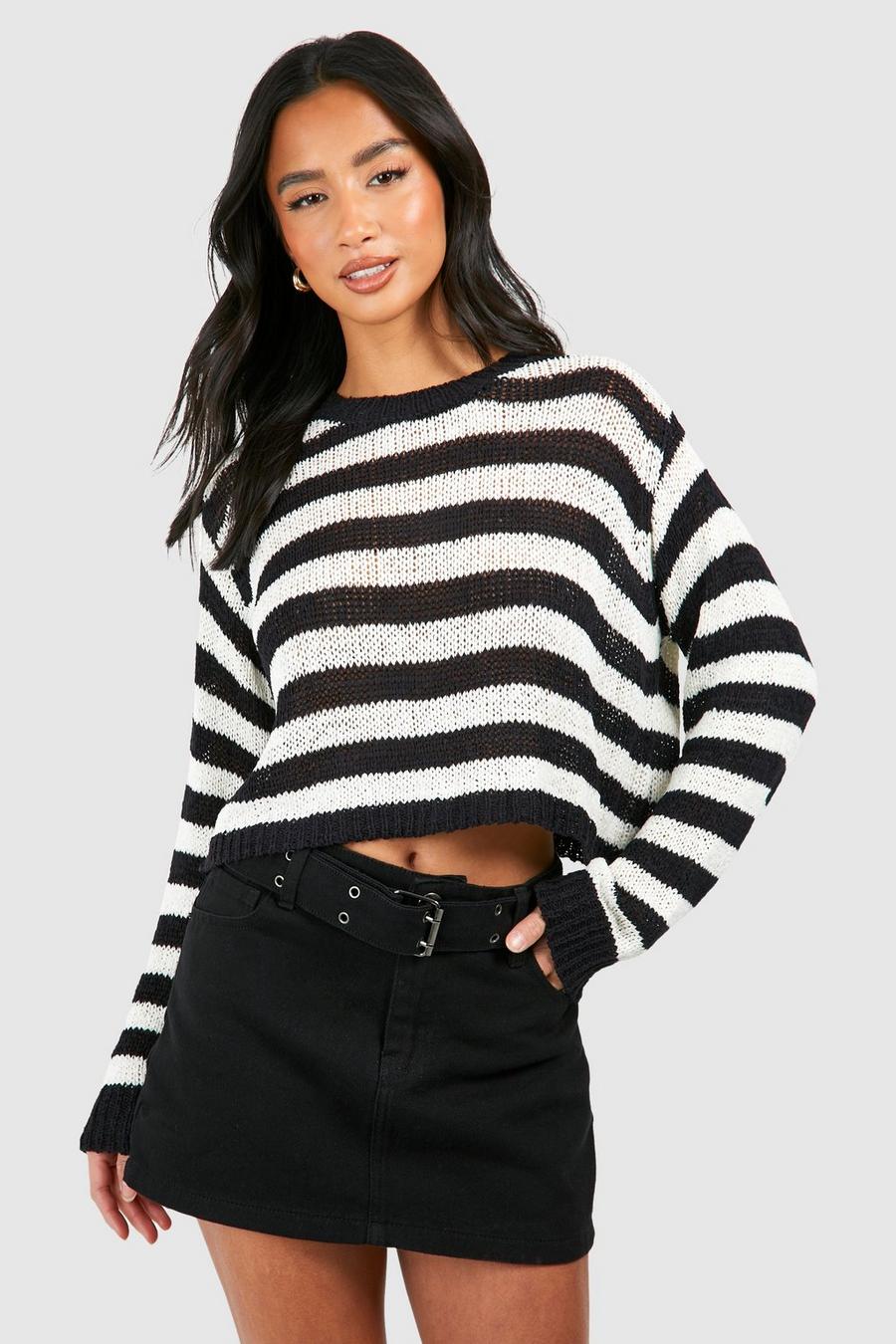 Black Petite Loose Knit Stripe Sweater image number 1
