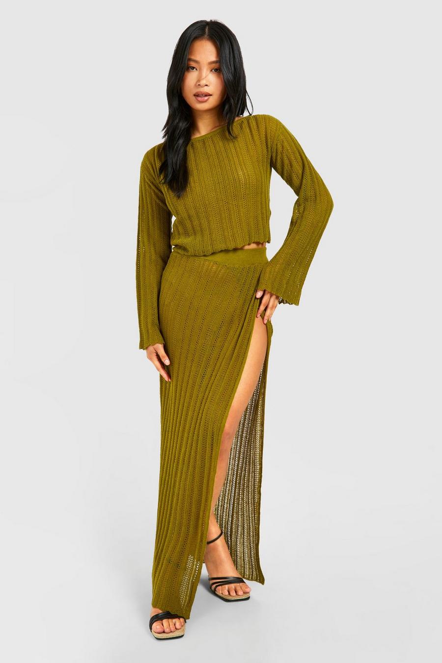 Khaki Petite Tie Back Top And Thigh Split Maxi Skirt image number 1