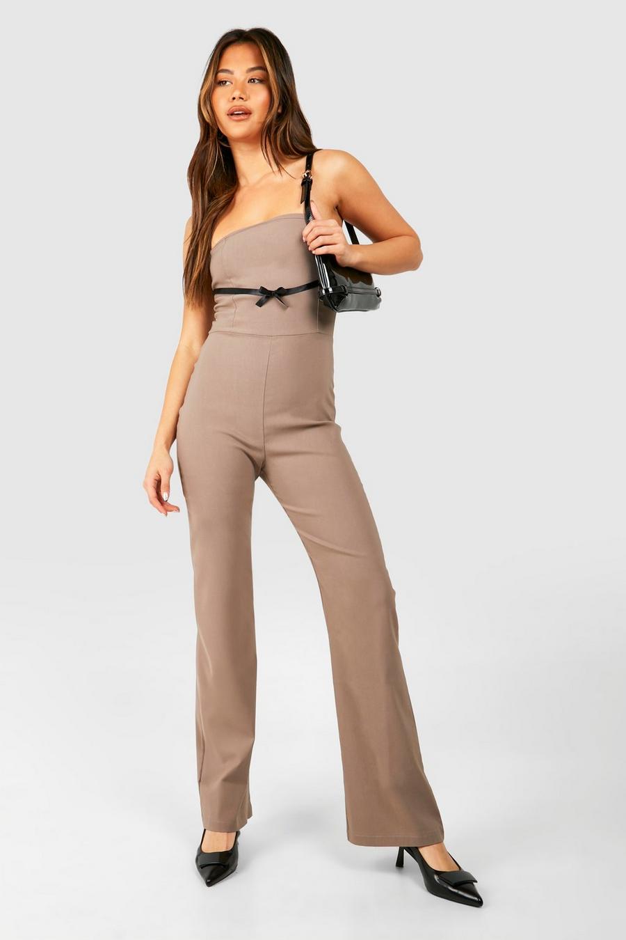 Taupe Mini Bow Wide Leg Jumpsuit image number 1