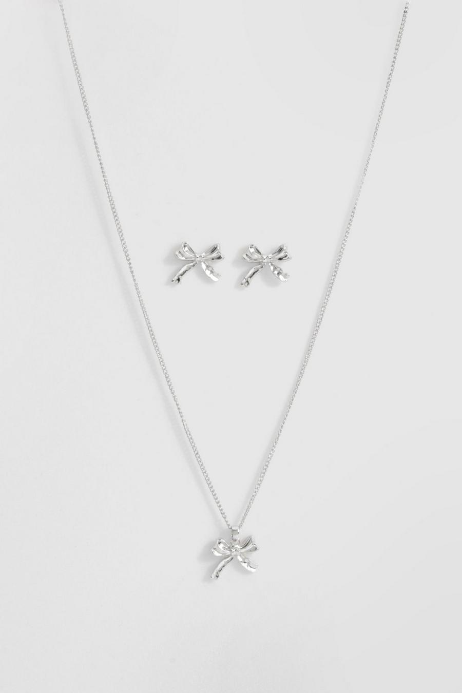 Silver Mini Bow Detail Necklace & Earring Set  image number 1