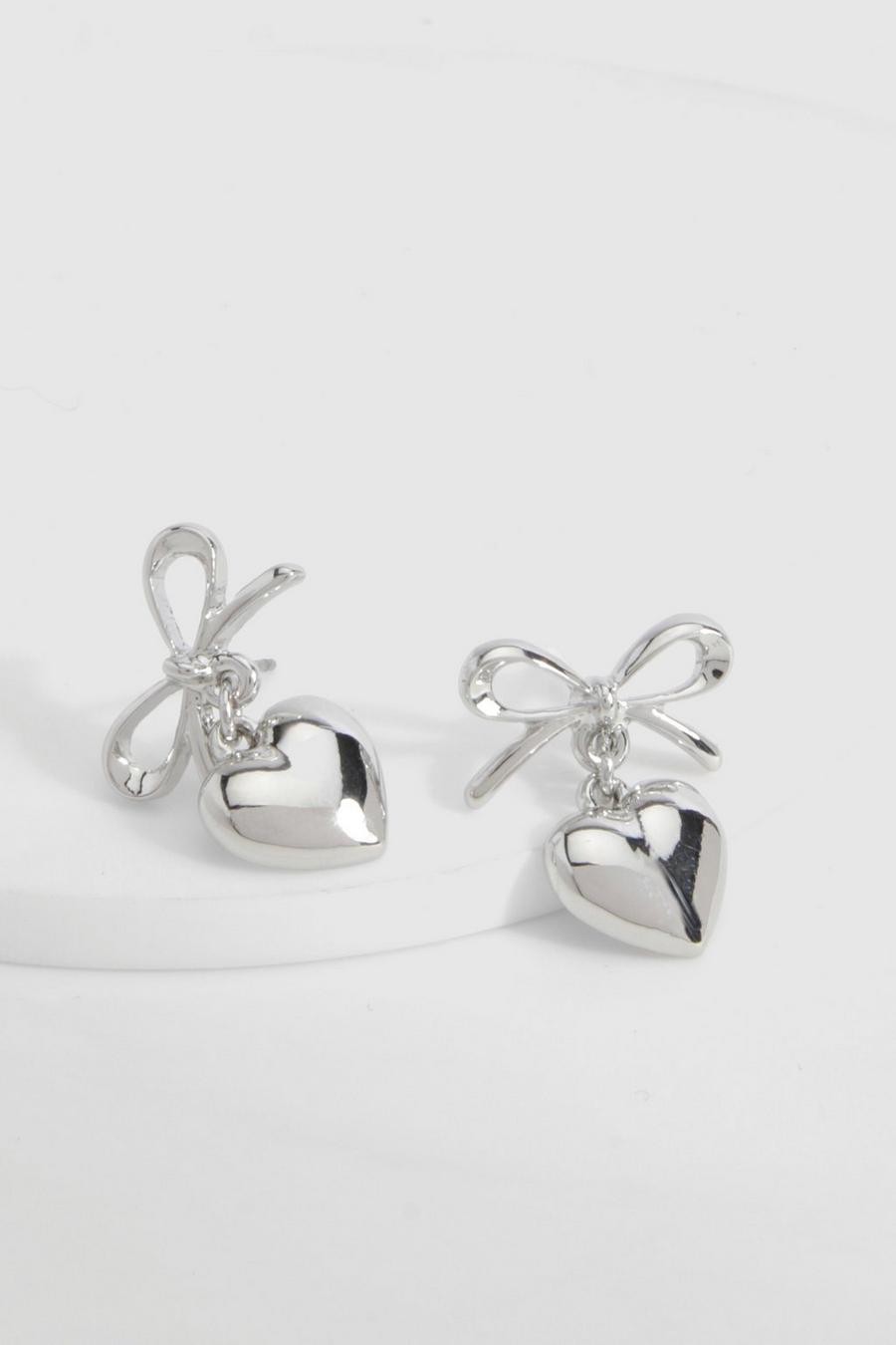 Silver Bow & Heart Drop Earrings 