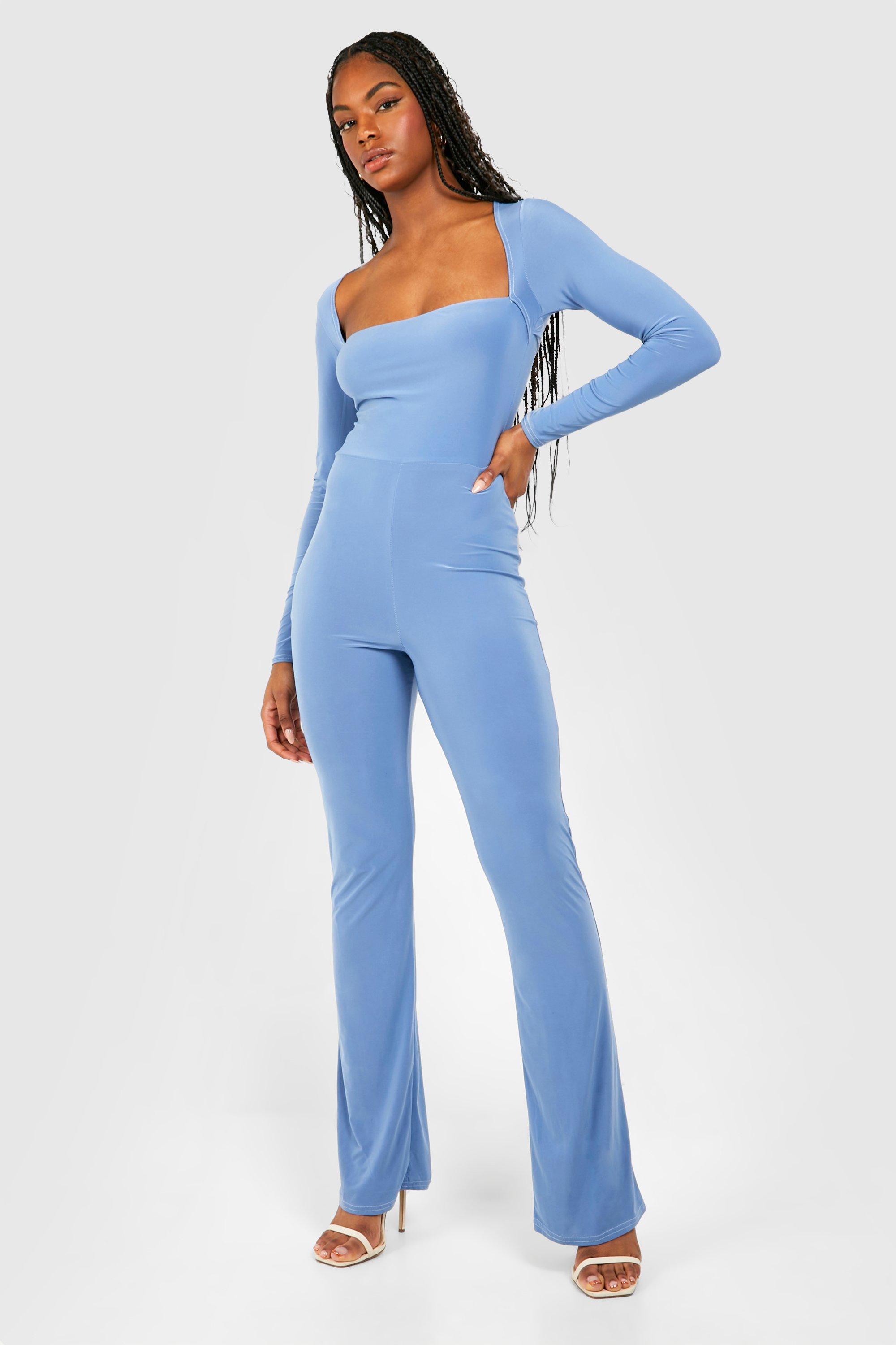 boohoo Tall Square Neck Split Hem Jumpsuit Blue Size 6