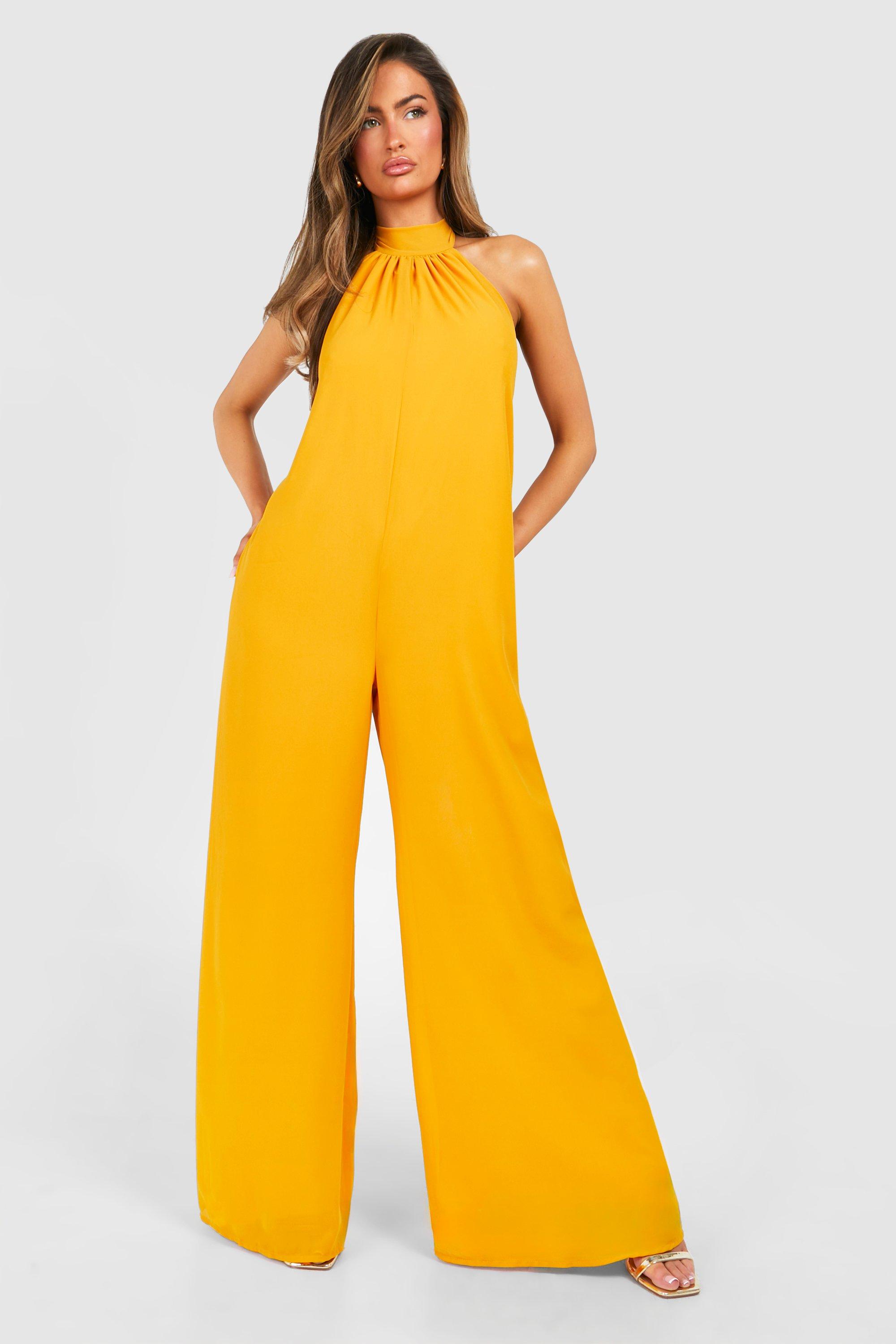 boohoo Women s Halter Chiffon Jumpsuit Yellow Full Length Jumpsuits