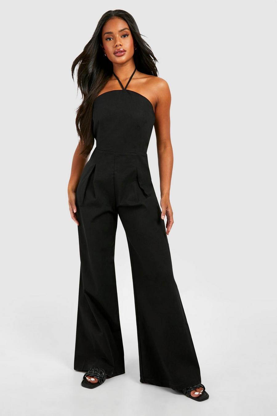 Black Jumpsuit i linneimitation med halterneck