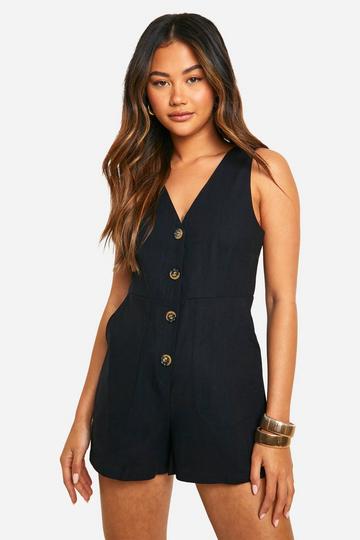 Button Linen Look Playsuit black