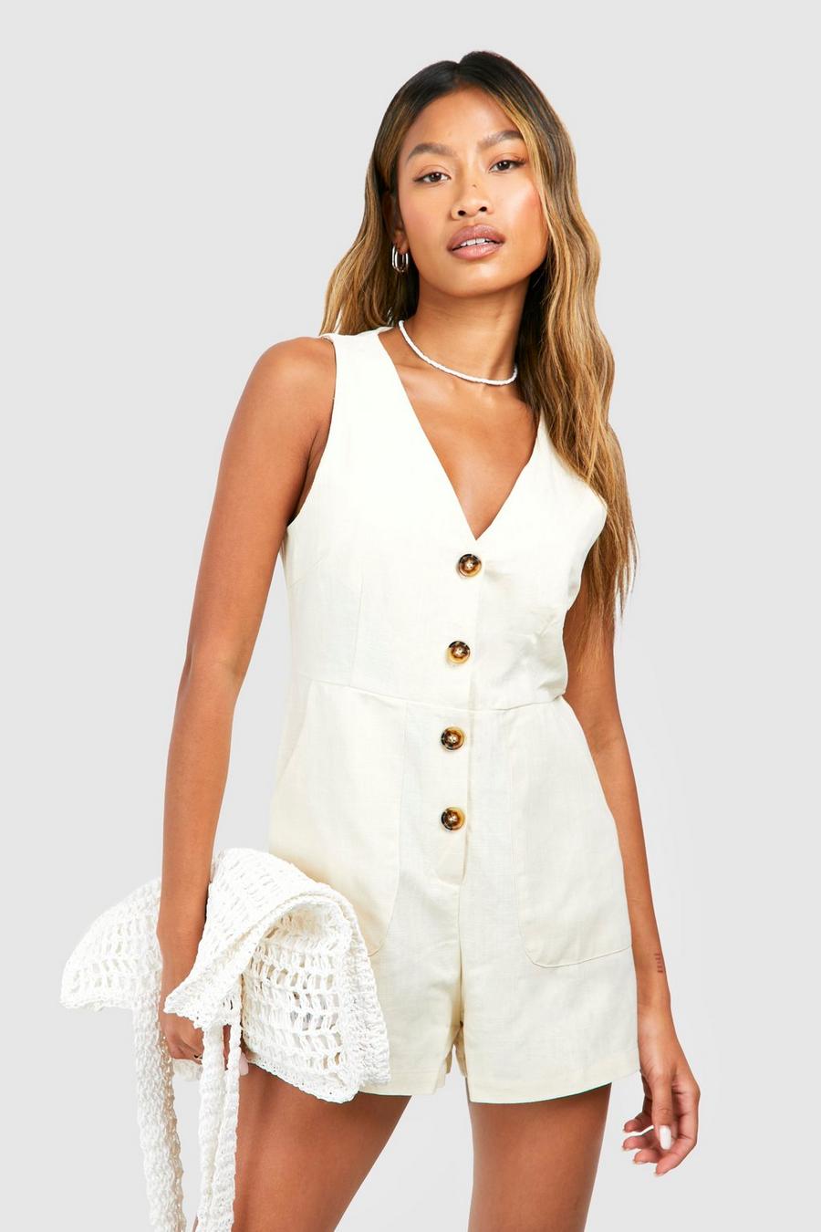 Cream Button Linen Look Playsuit image number 1