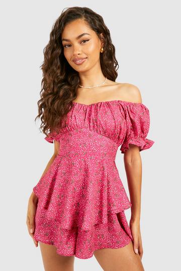 Satin Off The Shoulder Romper pink