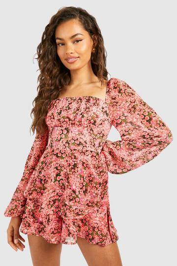 Satin Long Sleeve Floral Romper pink