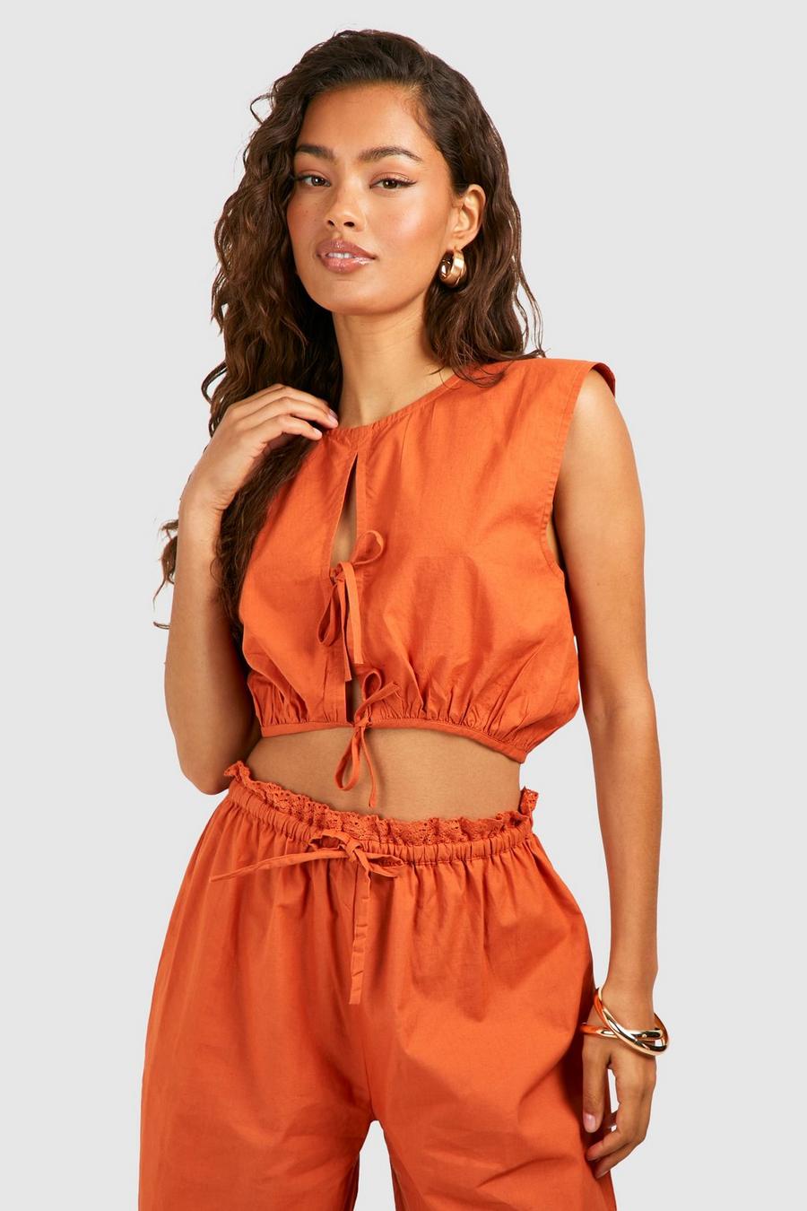 Rust Key Hole Tie Front Crop Top image number 1