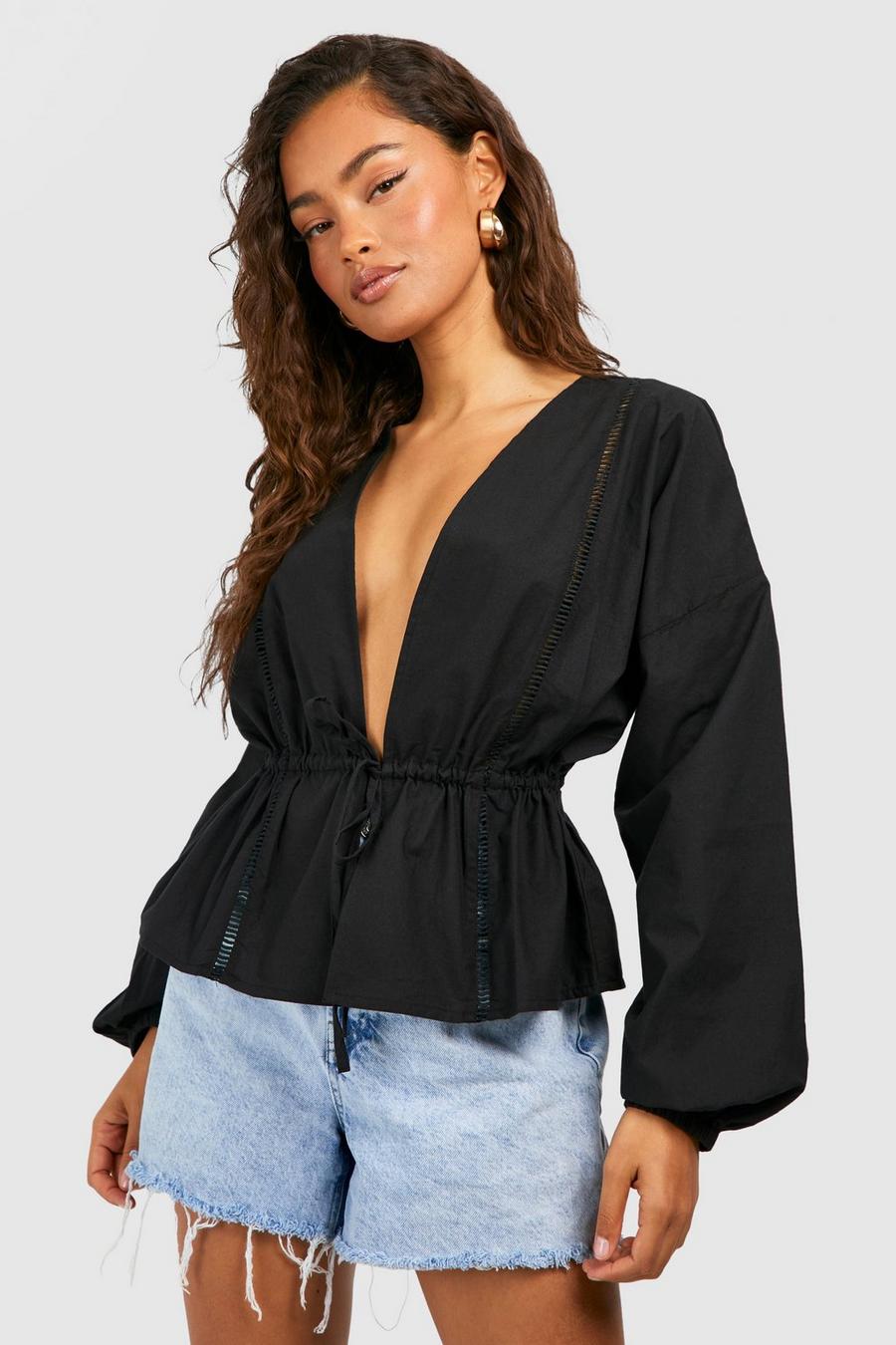 Black Tie Front Cotton Blouse