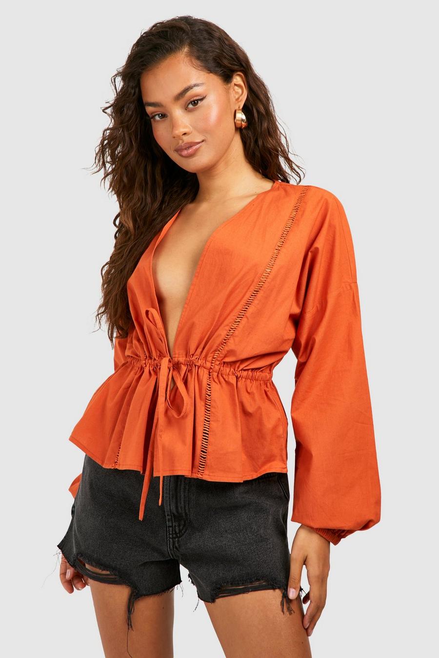 Rust Tie Front Cotton Blouse image number 1