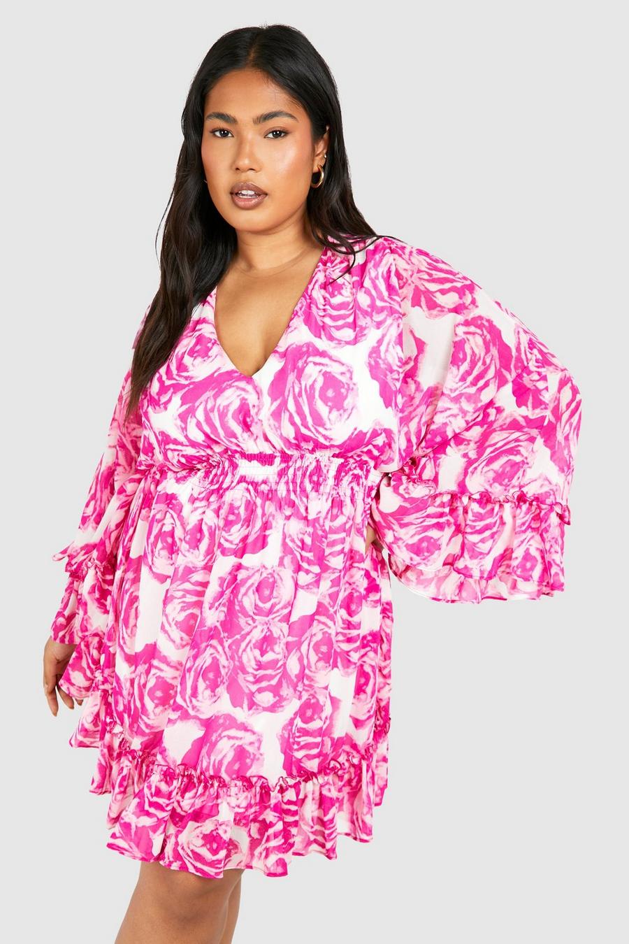 Pink Plus Floral Wrap Extreme Sleeve Smock Dress image number 1