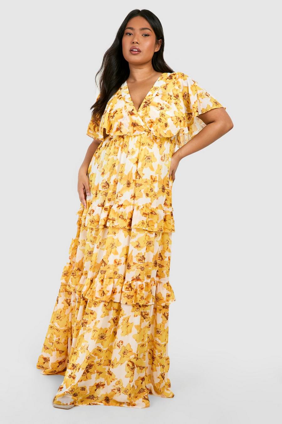 Yellow Plus Floral Print Angel Sleeve Maxi Dress