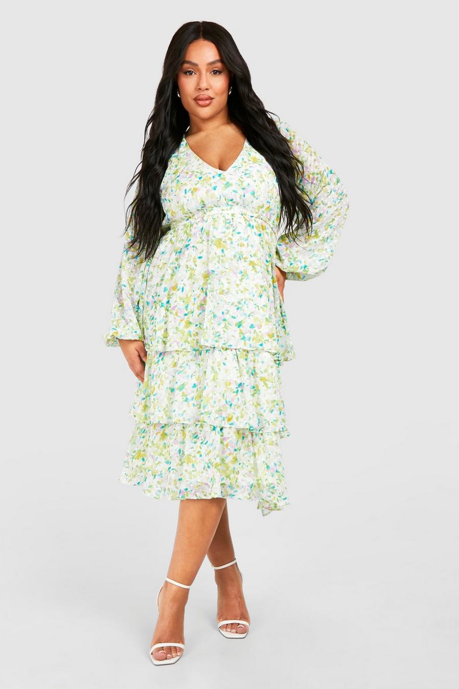 Ivory Plus Dobby Floral Tiered Midi Skater Dress image number 1