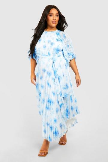 Blue Plus Floral Pleated Puff Sleeve Midi Dress