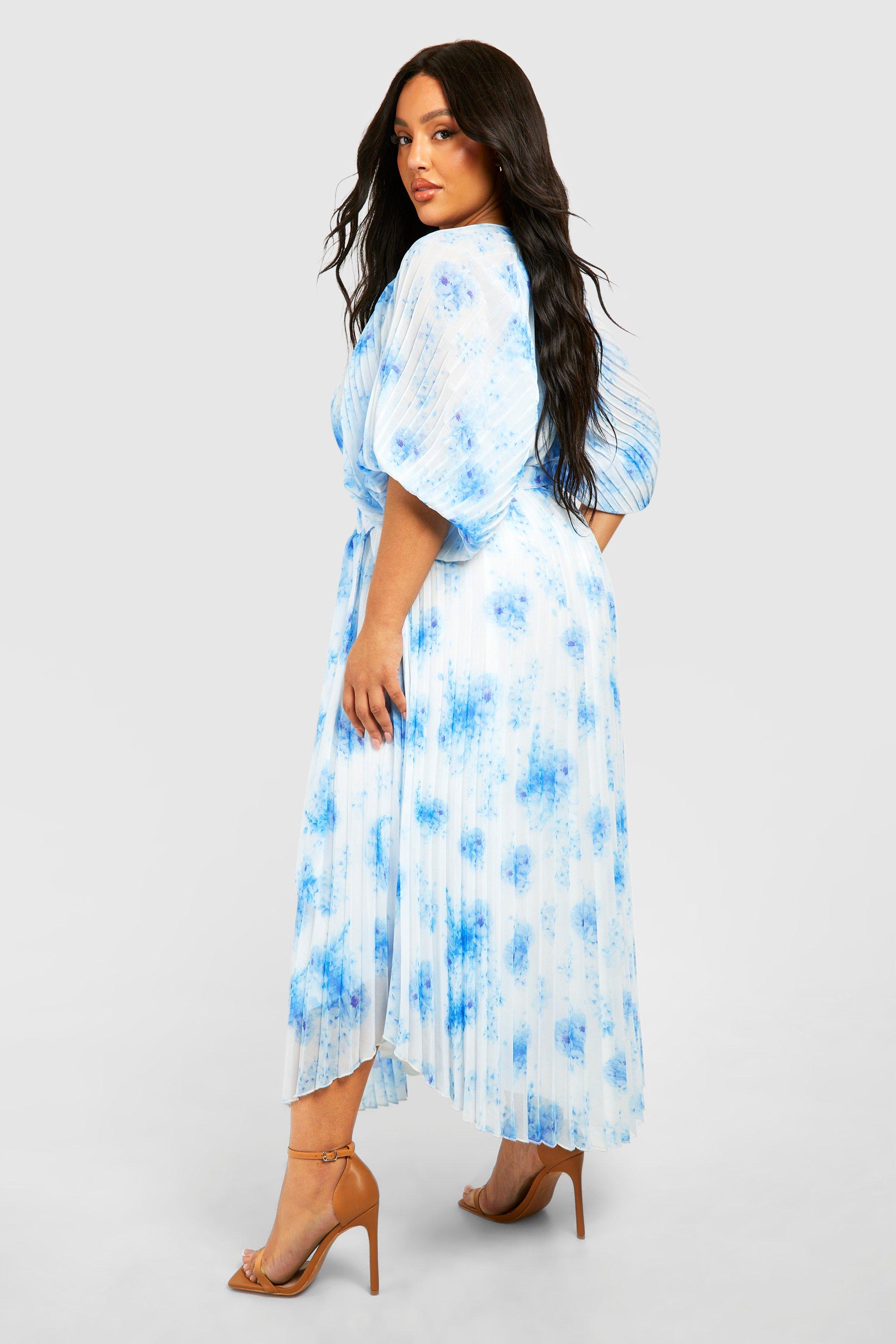 Plus Floral Pleated Puff Sleeve Midi Dress