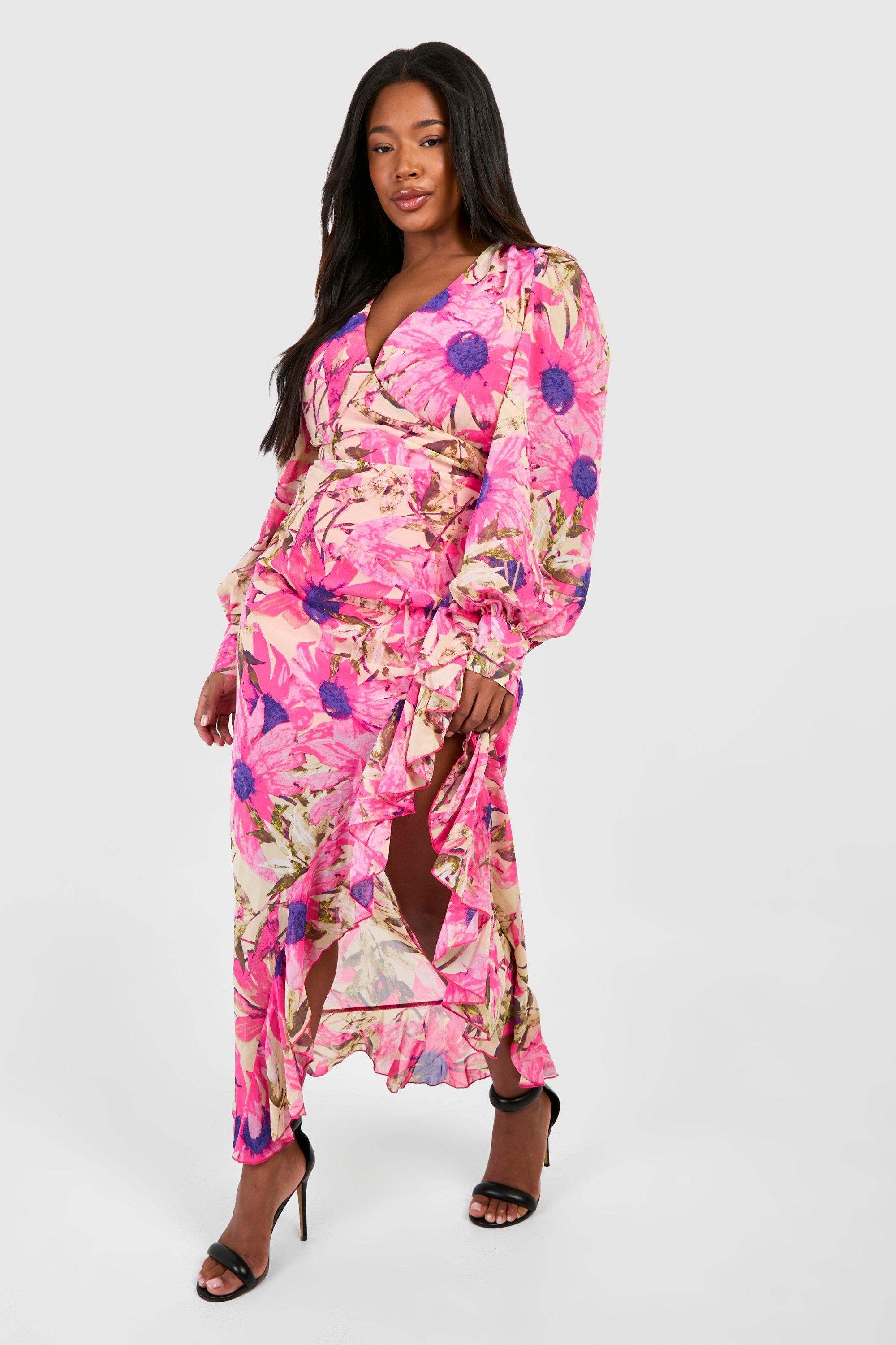 Women's Plus Floral Ruffle Wrap Maxi Dress