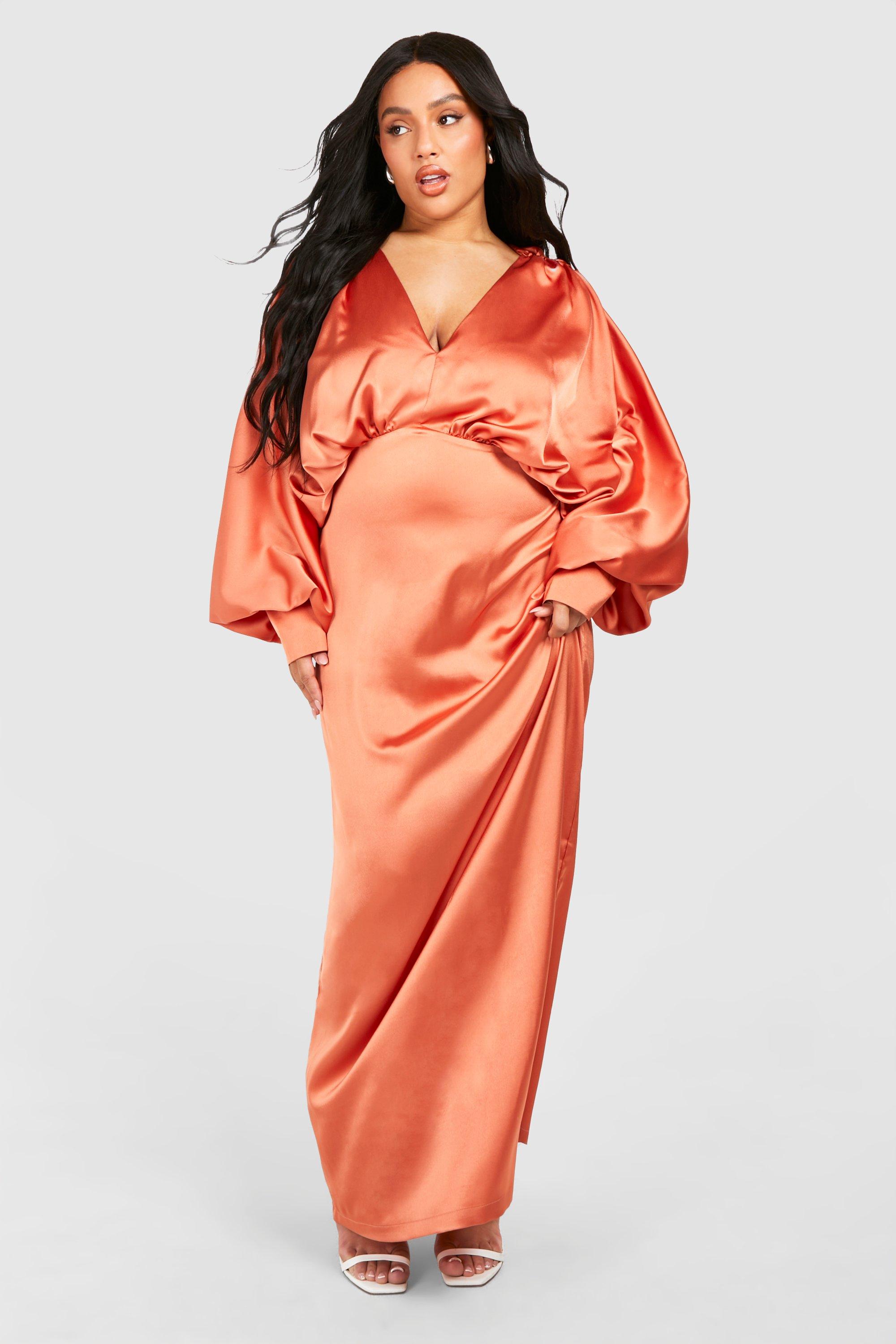 Plus Satin Plunge Blouson Sleeve Maxi Dress