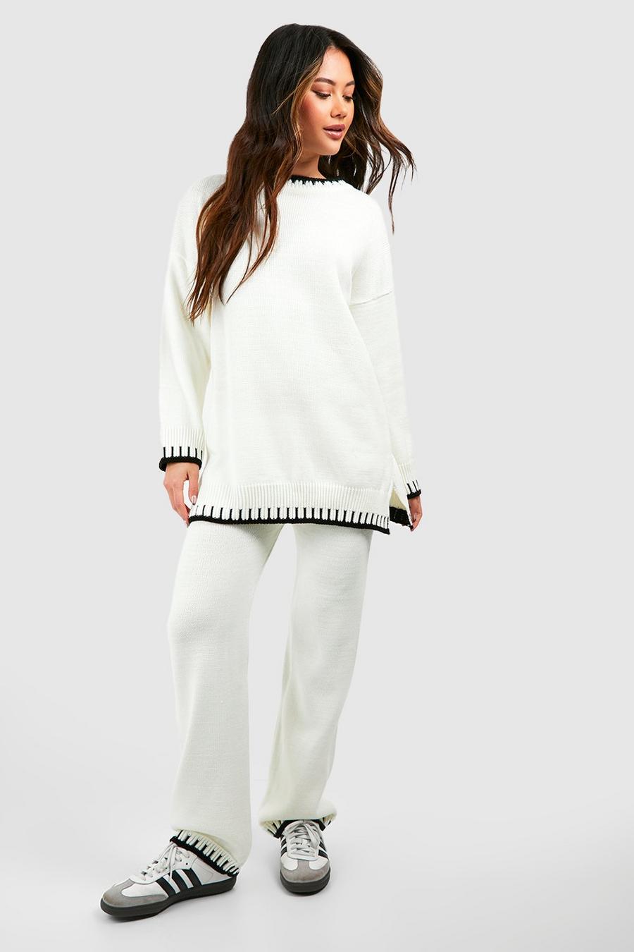 Ivory Contrast Stitch Detail Knitted Co-ord image number 1