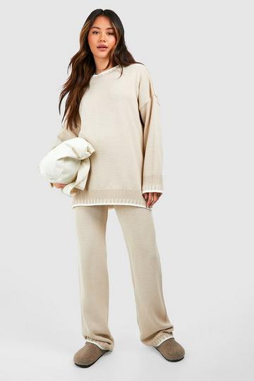 Stone Beige Contrast Stitch Detail Knitted Co-ord