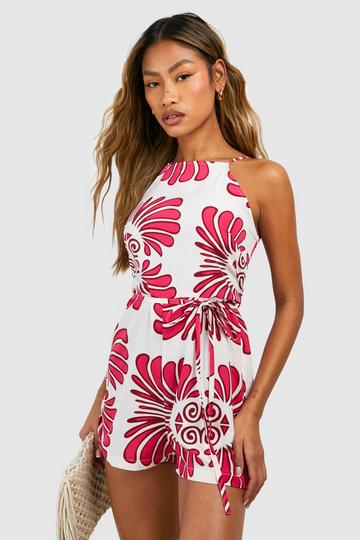 Tie Detail Printed Romper ecru