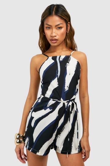 Striped Tie Detail Printed Playsuit black