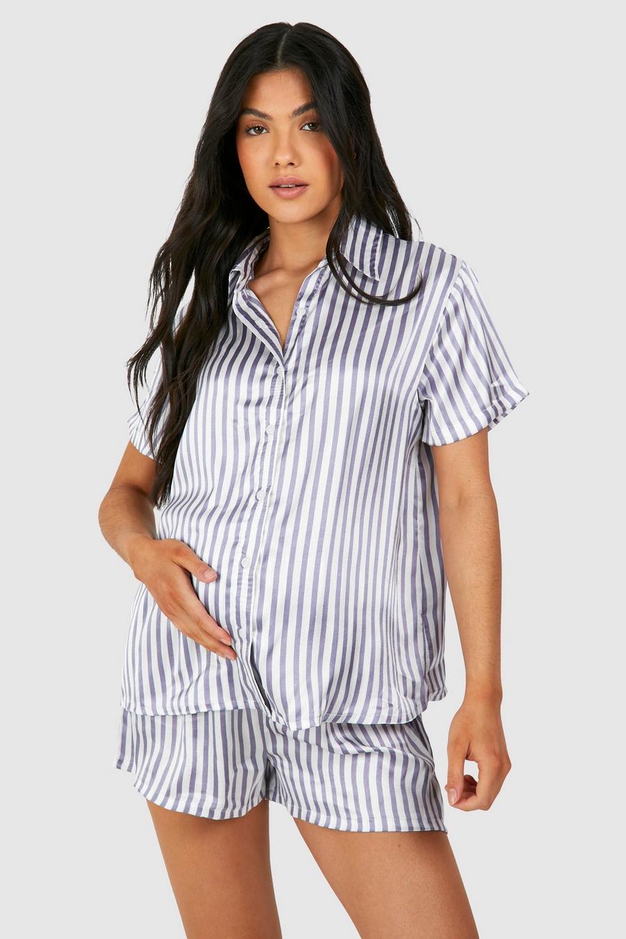 Pijama Premamá de pantalón corto con estampado de rayas, Light blue