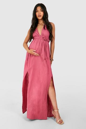 Rose Pink Maternity Belted Cheesecloth Maxi Dress