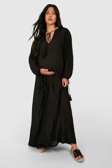 Black Maternity Cheesecloth Tassel Beach Kaftan