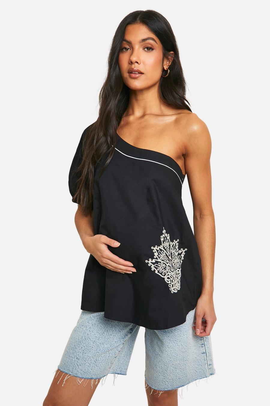 Black Maternity Embroidered One Sleeve Smock Top image number 1