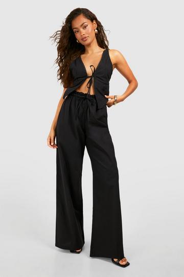 Lace Trim Tie Front Top & Wide Leg Trousers black