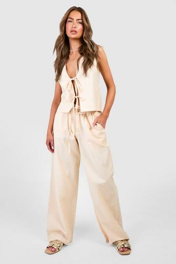 Linen Look Tie Front Crop & Wide Leg Trousers camel