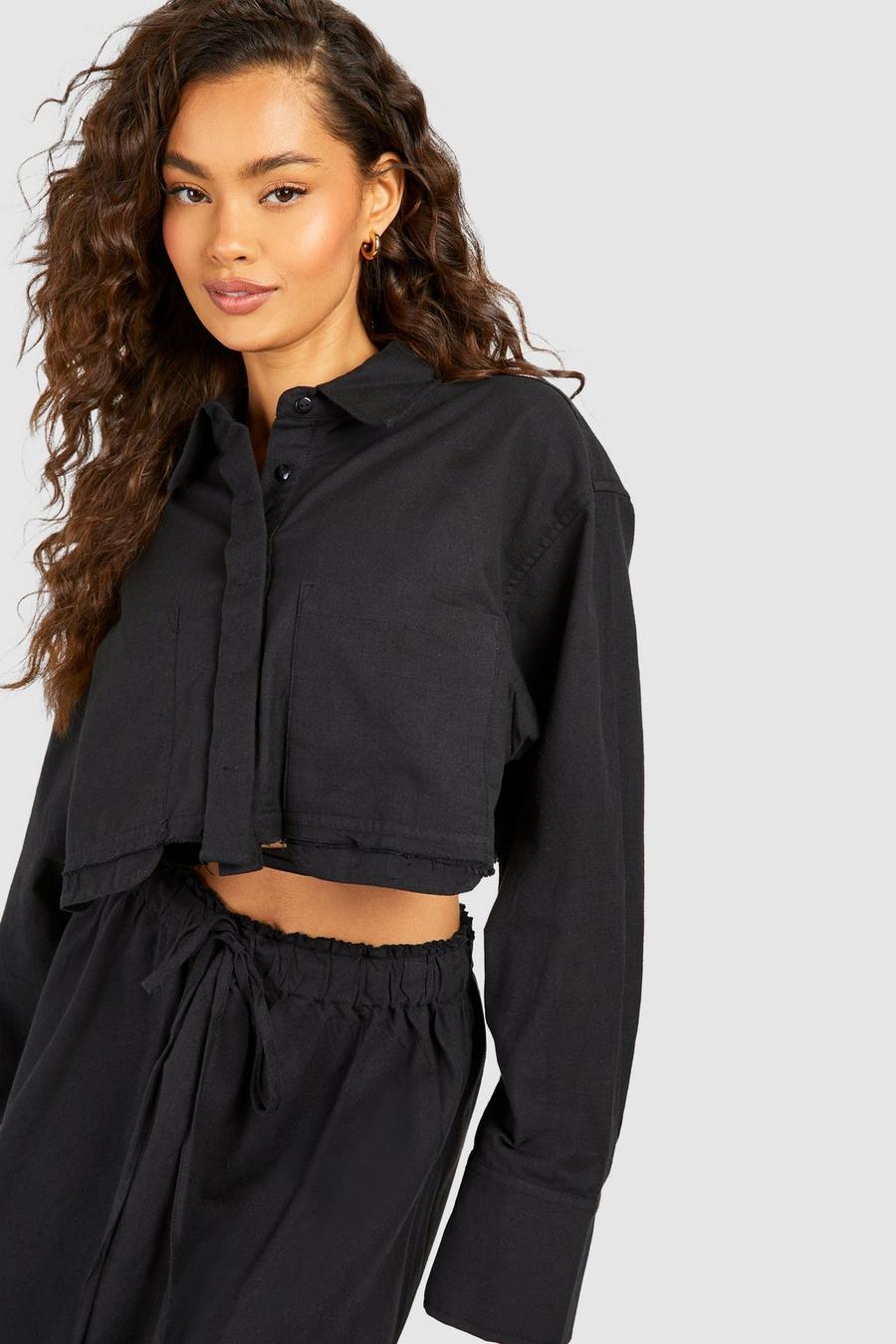 Black Linen Look Boxy Cropped Shirt image number 1