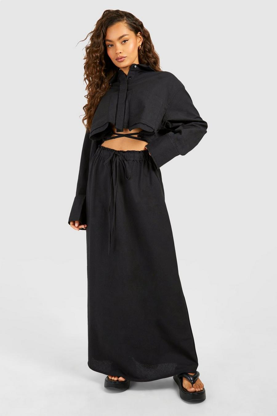 Black Linen Look Drawcord Waist Column Maxi Skirt