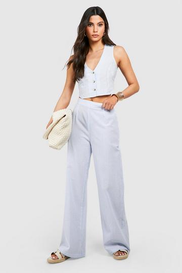 Tonal Pinstripe Linen Look Wide Leg Pants blue