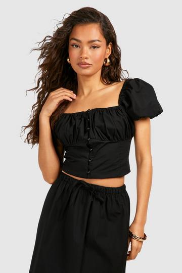 Puff Sleeve Button Detail Crop Top black