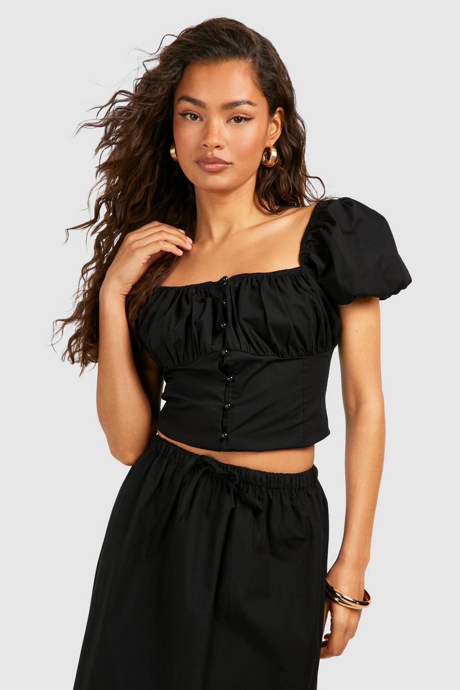 Black Puff Sleeve Button Detail Crop Top image number 1