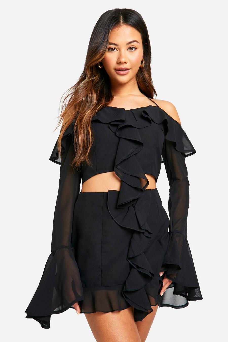 Black Chiffon Ruffle Front Off The Shoulder Crop image number 1
