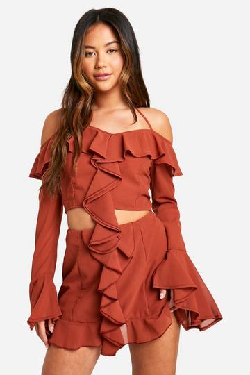 Chiffon Ruffle Front Bardot Crop rust